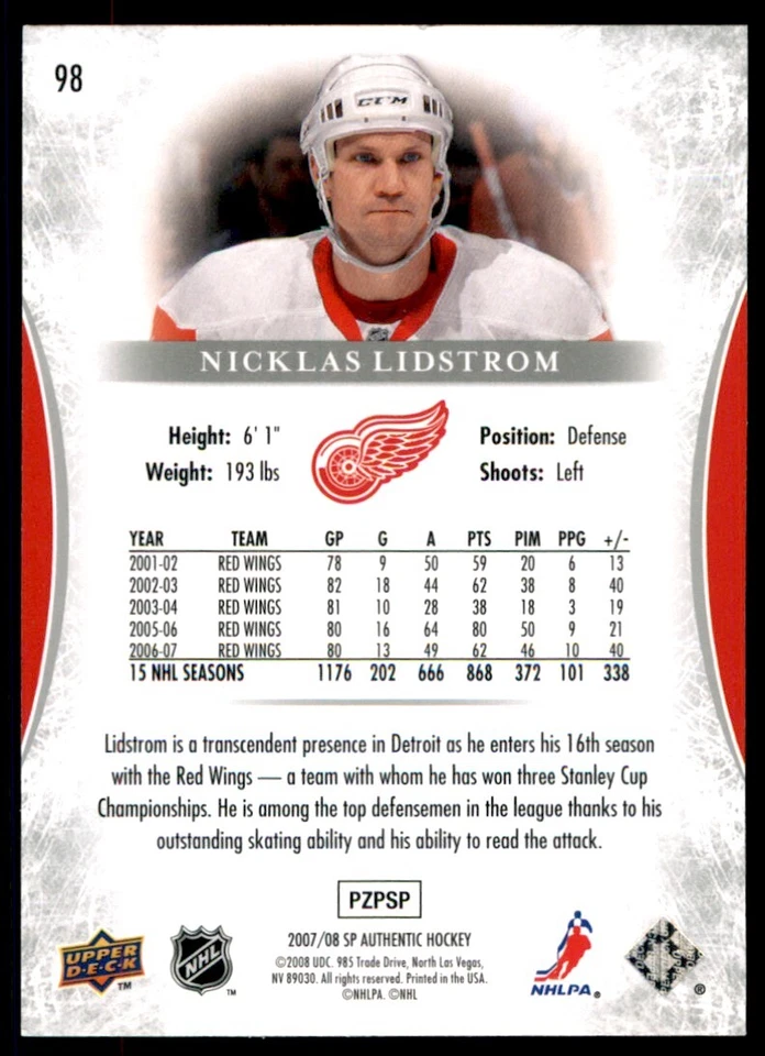 2007-08 SP Authentic Nicklas Lidstrom #98 - Image 2 of 2
