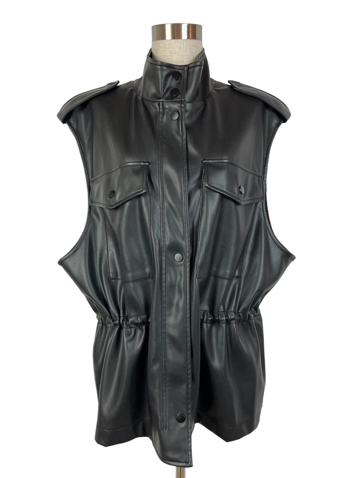 Chaleco a presión Frankie Shop de gran tamaño imitación cuero negro palanca cintura talla M/L