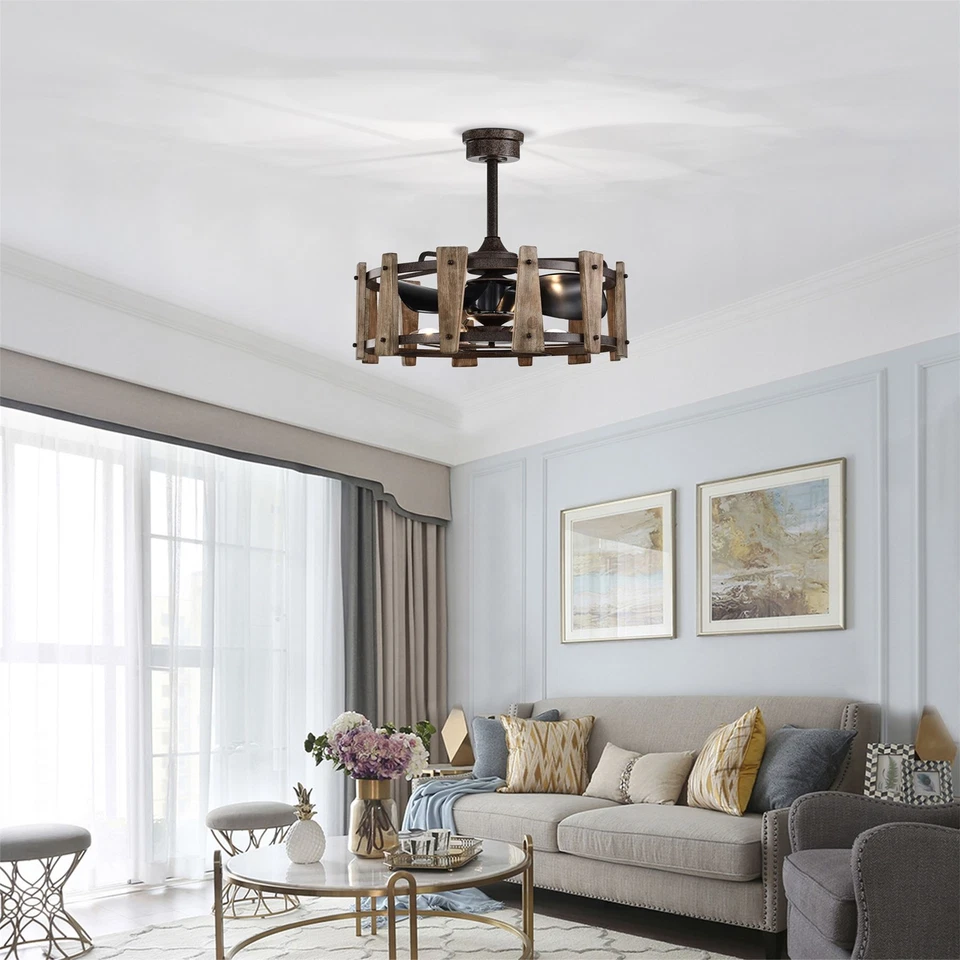 Woody 25 Inch Imitatioon Wood Grain Farmhouse Fandelier with Remote - Image 2 of 4