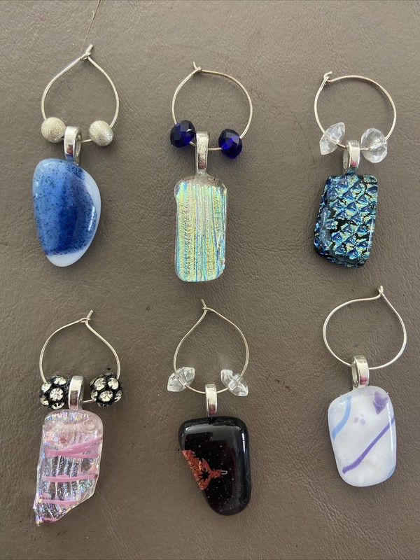WINE CHARMS - GLASS -HANDMADE - LOT OF SIX  VARIOUS SHAPES & SIZES & COLORS- NEW