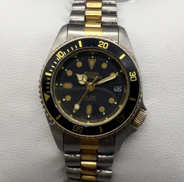 Elgin Sportsmate relógio de mergulho feminino 26mm prata ouro dois tons data nova bateria 6" - Imagem 2 de 4