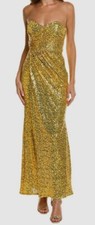 880 Badgley Mischka Women's Yellow Sequin Strapless Draped Gown Dress Size 2