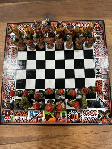 Clay Ceramic Hand Crafted/painted Chess Set With Handmade Wooden Board 8x8inch - Picture 4 of 5