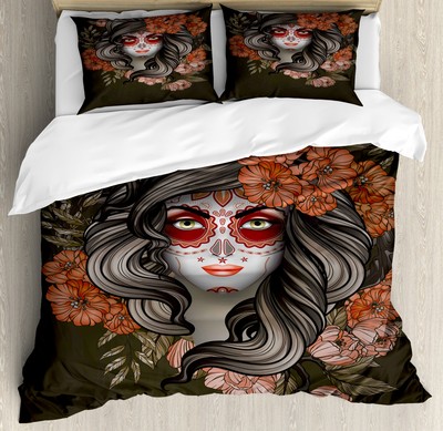 Gothic Duvet Cover Set with Pillow Shams Calavera Woman Print
