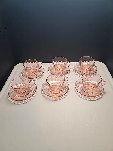Arcoroc France Rosaline Pink Swirl Depression Glass Set of 6 Cups and 6 Saucers