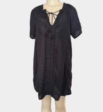 Society Amuse Black Crochet Kaftan Dress 2 PC Slip Sheer Viscose Boho Peasant M