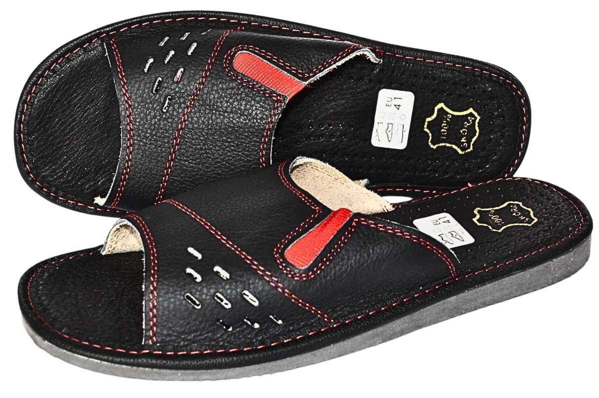 Herren Hausschuhe Rindsleder Pantoffeln Sandalen Schwarz Schlappen Gr.40-46 Neu