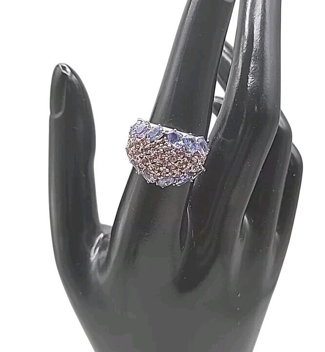 Anillo de plata de ley con zafiro rosa tanzanita azul talla 8 banda ancha abovedada 925 Foto 3 de 4