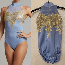Kelle dance solo costume light powder blue gold leotard drape back LC child