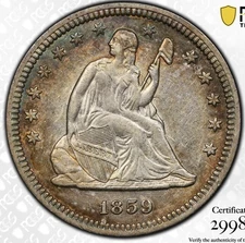 1859 AU50 PCGS Seated Quarter Rainbow Toned Tough PQ Early Trueview