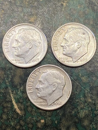 90% Silver Dimes Pre 1965 Roosevelt Dime Lot of 3 Circulated Condition All 1963