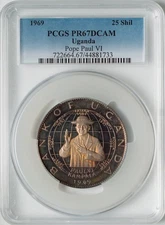 UGANDA  1969 VISIT OF POPE PAUL VI, 25 SHILLING SILVER COIN, PCGS CERTIFIED PR67