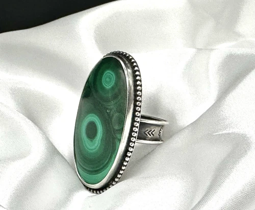 LONG Bold Sterling Silver 925 Native Southwest Style Band Ring Malachite Vintage