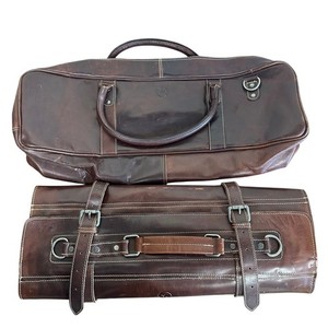 Aaron Leather Goods Brown Genuine Leather Knife Bag And Roll Combo Chef Bag