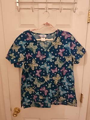 SB WOMENS SCRUB TOP, LG BUTTERFLY MULTI-COLOR PRINT, MINT!