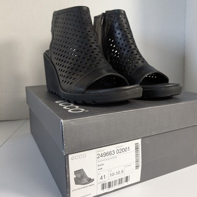 Ecco Freja Leather Laser Cut Open Toe Wedge Sandals Black Women s 41 10 - 10.5