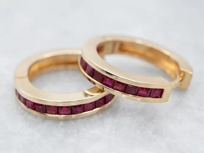 1Ct Princess Cut Lab Created Ruby Huggie Hoop Earrings In 14K Yellow Gold Plated
