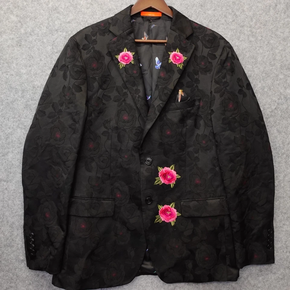 Tallia Slim Sport Coat Mens 38R Black Jacquard Jacket Floral Tiger Embroidered S - Image 2 of 4