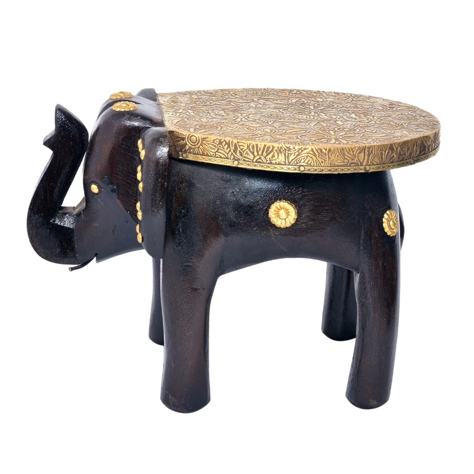 Wooden Elephant Stool Brass-Fitted Elephant Table Pedestal Table Corner Table - Image 3 of 4