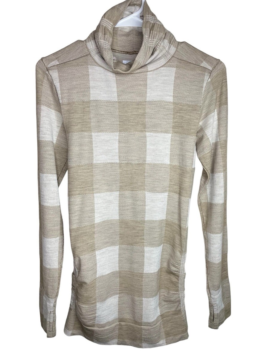 Athleta Wool Blend Buffalo Plaid Tan/White Turtleneck Base Layer Sz M