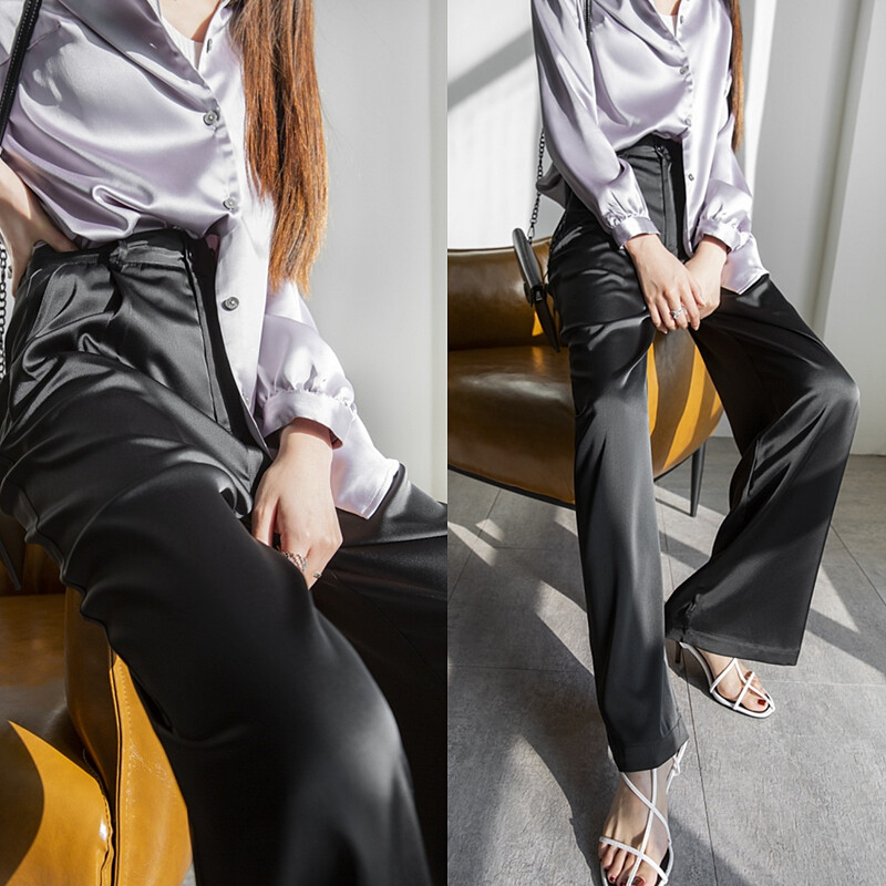Women Chiffon Pants Wide Leg Trousers Satin Long High Waist Office