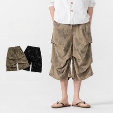 Men Chinese Print Casual Cropped Pants Elastic Waist Loose Straight Shorts Baggy