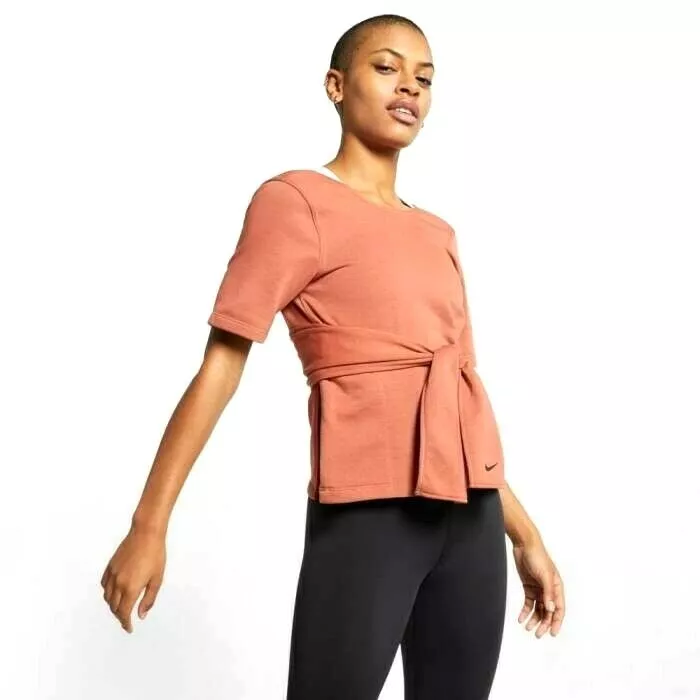 NIKE YOGA STUDIO WOMENS SHORT SLEEVE TRAINING WRAP TOP T shirt