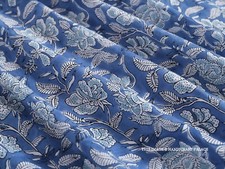 Indian Blue Floral Print Dressmaking Cotton Fabric Hand Block Print By The Yard