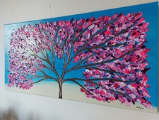 QUADRO MODERNO ASTRATTO DIPINTO A MANO ALBERO DELLA VITA FIORI 40x80x4cm  RIF25