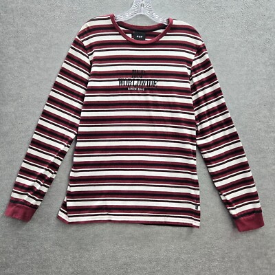 HUF Men Shirt Medium Red Striped Logo Embroidered ASAP Hip Hop Rocky Long Sleeve
