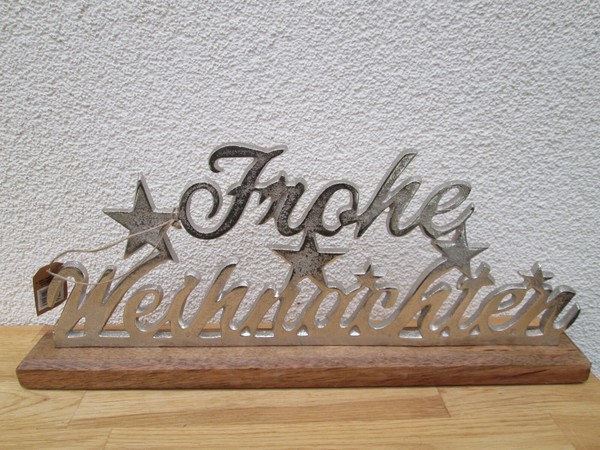 Aufsteller, Schriftzug, Frohe Weihnachten, Auf Mangoholz Sockel, Aus Metall Deko-image