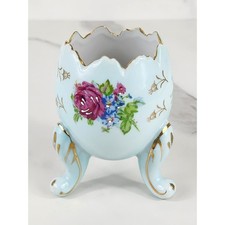 Porcelain Cracked Egg Footed Vase Toothpick Holder 1960s Blue Pink Rose Gold 4"
