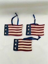 Vintage Patriotic Rustic Wood Stars Stripes Painted Flags Ornaments - Set of 3