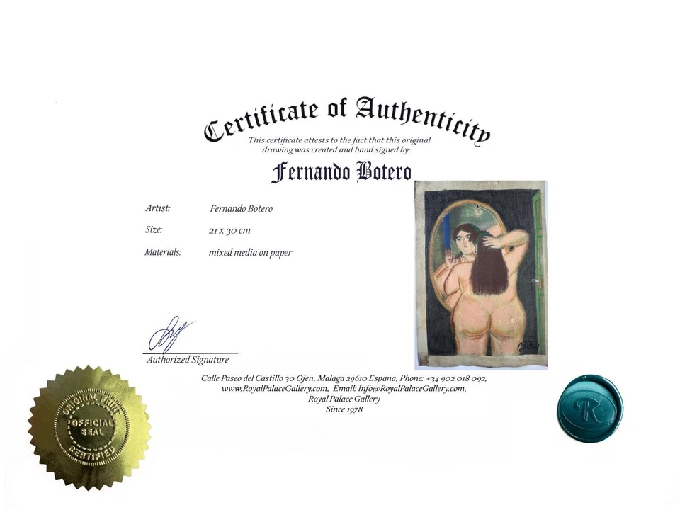 Fernando Botero Certificado de Autenticidad Arte Pintura Original Dibujo Vintage Papel Firmado Foto 3 de 3