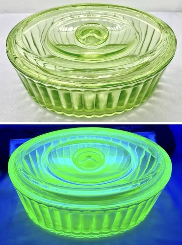 Vintage Uranium  Depression Glass Refrigerator Dish And Lid Ribbed Green Glow