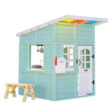 Teamson Kids Rainbow Shade Wooden Playhouse with Kitchen, Flower Box Bench