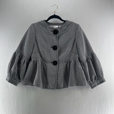 Max Studio Zigzag Peplum Jacket Womens M Puff Balloon Sleeve Button Black White
