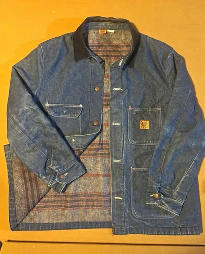 80s Big Ben by Wrangler Men's 46 Blue Denim workwear Chore Coat Blanket Lined - product listing photo