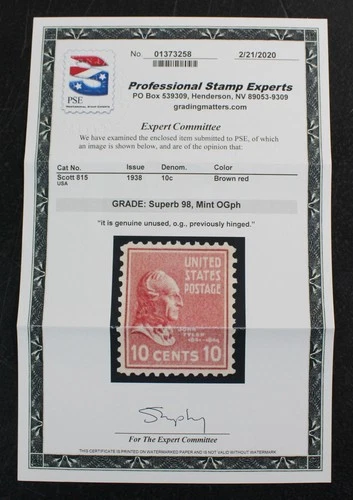 CKStamps: US Stamps Collection Scott#815 Mint NH OG PSE Cert Grade 98