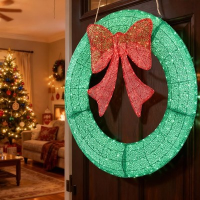 36/48inch Pre-Lit Christmas Wreath LED Lighted Holiday Door Decoration with Bow