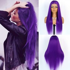 Synthetic Long Straight Purple Hair Lace Front Wigs Women Party Heat Resistant