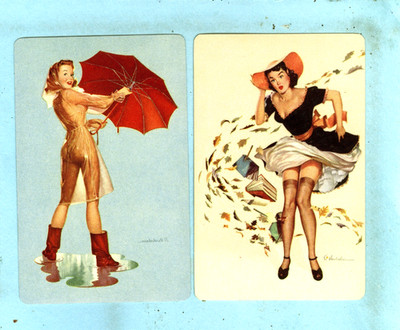 2 Vintage Pair of Swap Cards, Pinup, Rainy Day and Windy Day...