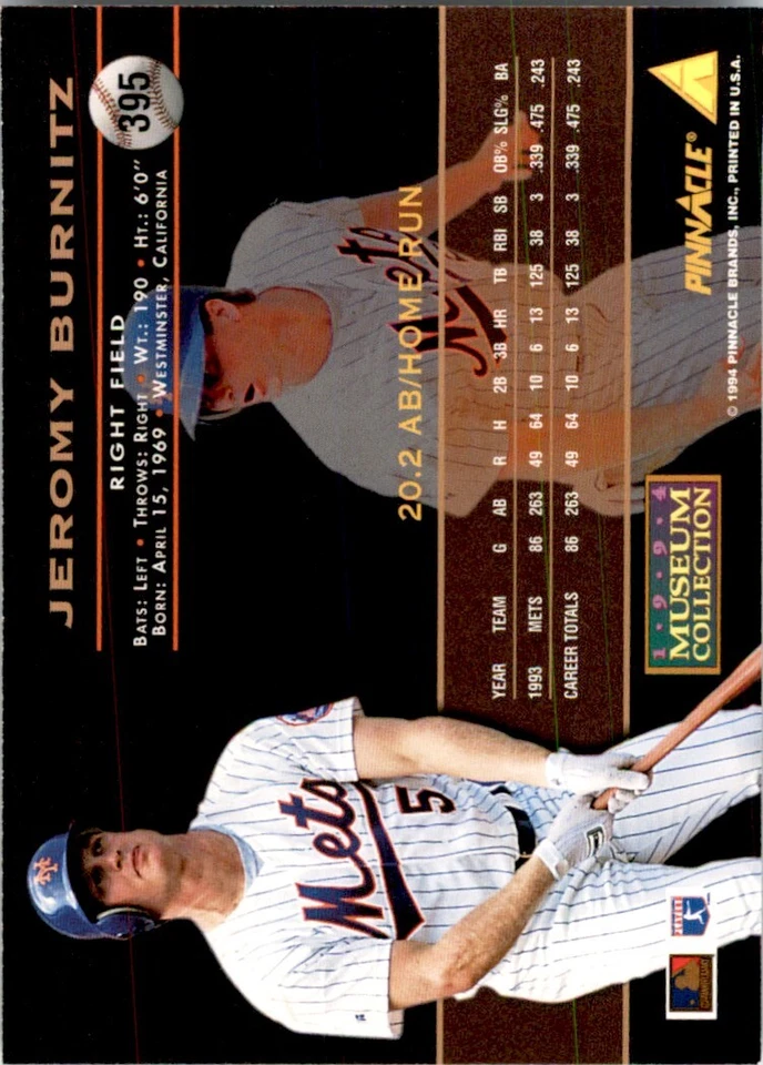 1994 PINNACLE MUSEUM COLLECTION JEROMY BURNITZ. NEW YORK METS #395 - Image 2 of 2