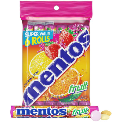 Mentos Mint Chewy Candy Roll, Fruit, Non-Melting, 1.32 Oz , 6 Count(Pack of 1)