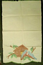 Vtg Linen Guest Towel Embroidered Bluebirds Birdhouse Crocheted Edge 27 1/2"