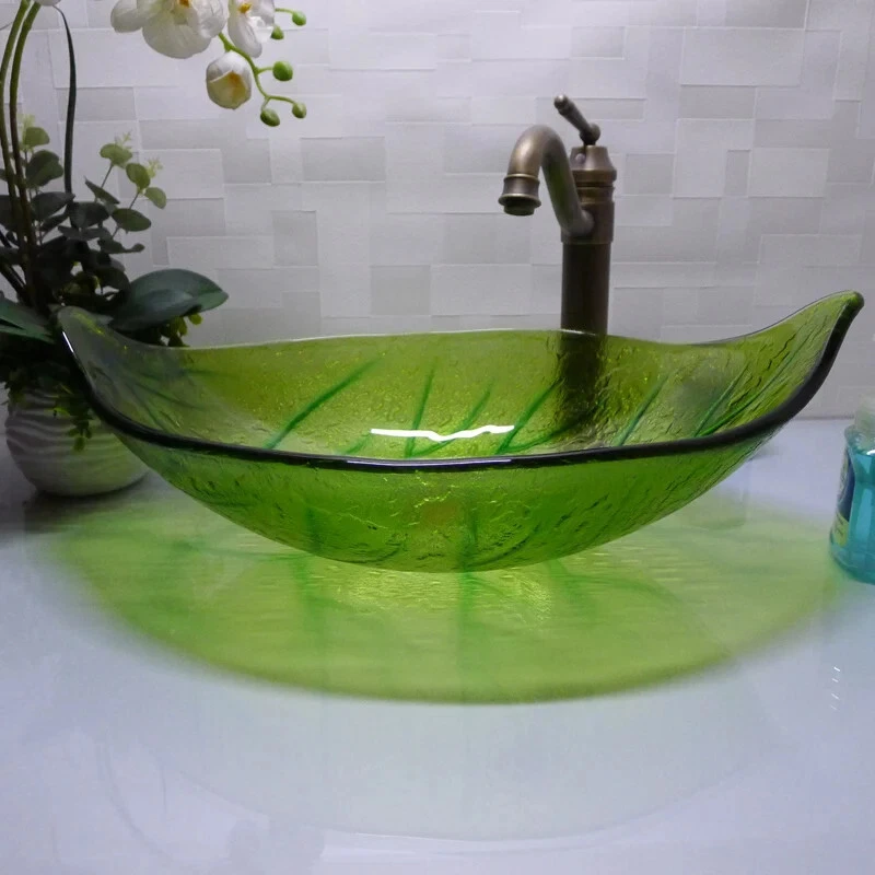 Leaf Shape Cloakroom Tempered Glass Basin Bathroom Green Counter Top Sink HX015 - Image 2 of 4