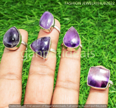 Amethyst Gemstone Handmade Rings 5pcs Lot 925 Silver Plated Jewelry