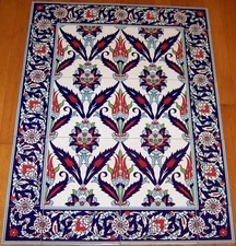 32"x24" Turkish Iznik Carnation & Daisy Pattern Border Ceramic Tile Mural Panel