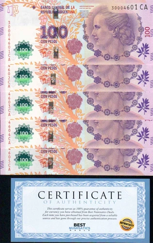 Argentina 100 PESOS Eva Peron Evita (2012-2016) Series CA x 5 Banknotes COA