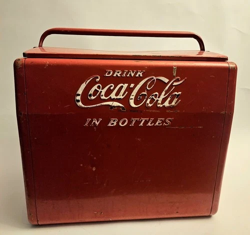 Vintage Coca Cola Metal Cavalier Cooler with Lid, Tray & Bottle Opener 1950s